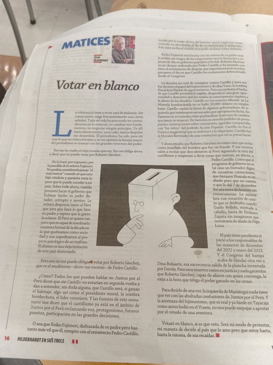 espiritucalato's tweet photo. En su columna de hoy, Hildebrandt anuncia que votara en blanco porque Sánchez y menos Keiko le dan confianza.
También datea que la gente de Castillo se está metiendo por los palos en la cúpula de mando de JPP.
O sea, broncas. https://t.co/uoHvBjvIje
