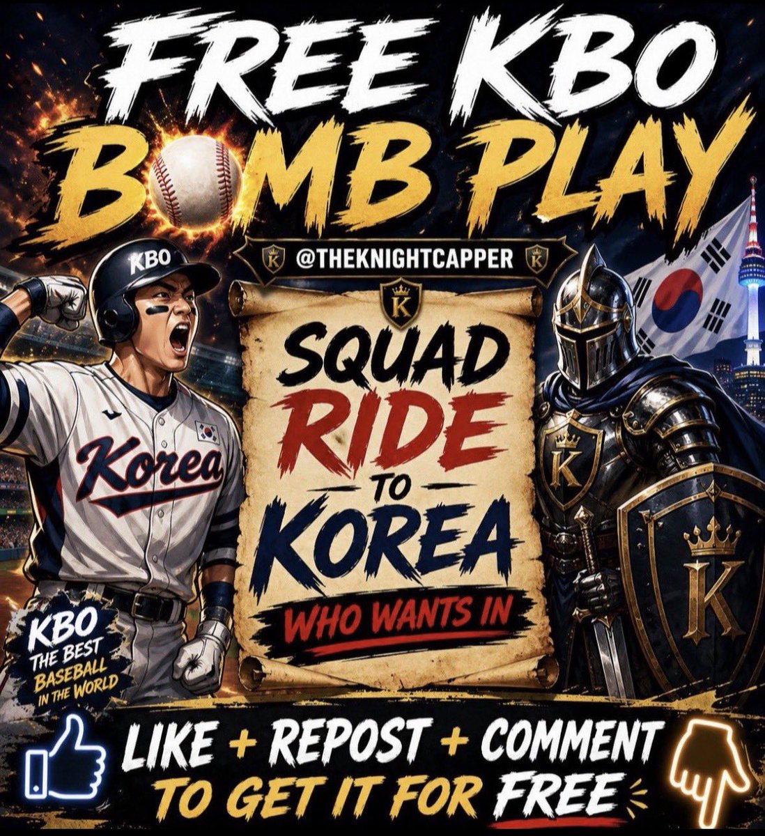 FREE KBO BOMB PLAY 🇰🇷

Going for 4th straight FREE WINNER 🏆 

𝘽𝙊𝙏 𝙎𝙀𝙉𝘿𝙎 𝙏𝙊 𝘼𝙇𝙇 𝙒𝙃𝙊 𝙇𝙄𝙆𝙀 ❤️

MUST BE FOLLOWING <a href="/TheKnightCapper/">KnightBets🗡</a> 

WHO WANTS IN? 🔥👀