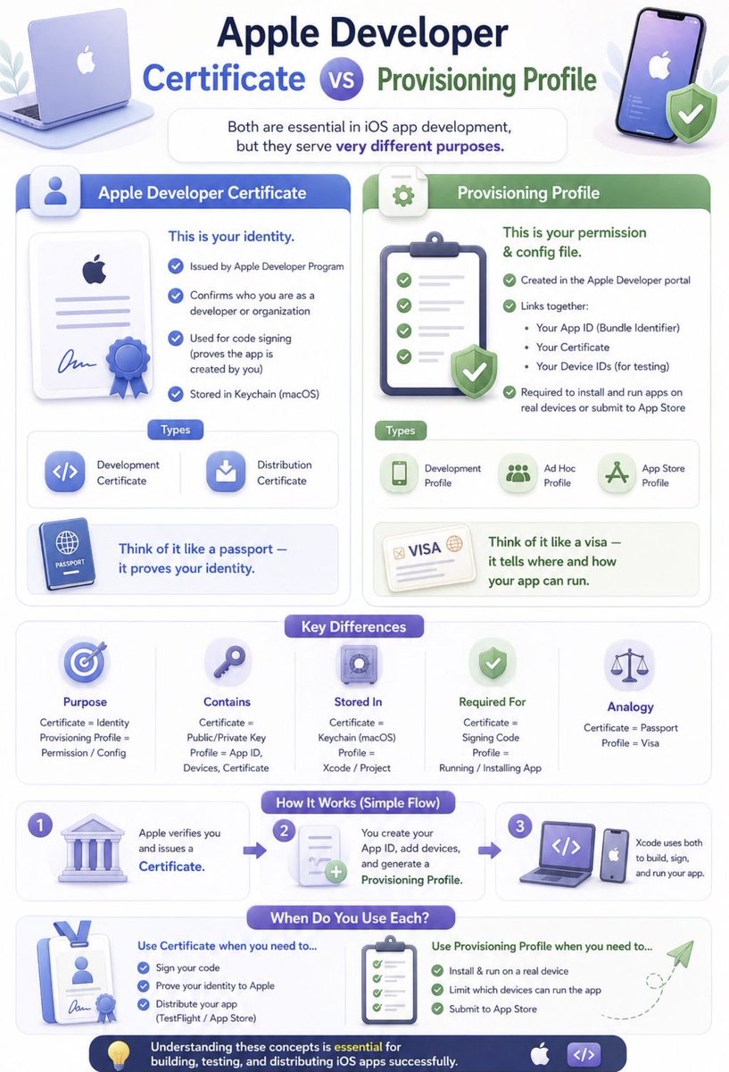PSKVOffiziell's tweet image. A simple guide to understand the difference between Apple Developer Certificate and Provisioning Profile.

Essential knowledge for every iOS developer working with signing, testing, and app deployment.

#iOS #iOSDeveloper #iOSDevelopment #Swift #SwiftUI #Xcode #AppleDeveloper