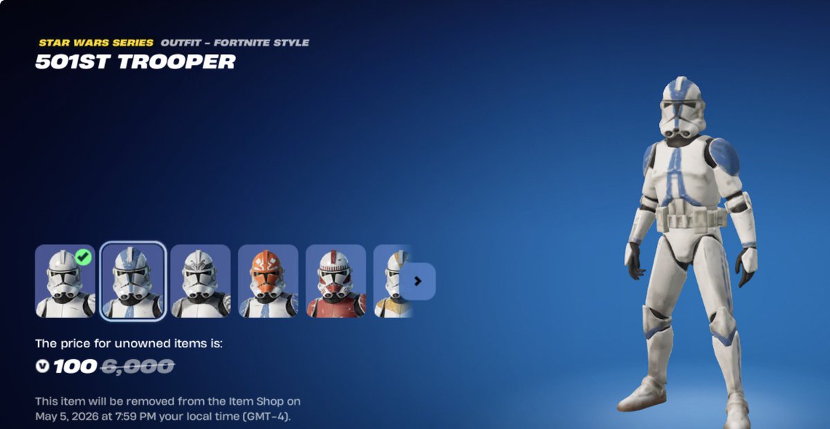 SentinelCentral's tweet image. Purchasing the Clone Trooper bundle only costs 100 V-Bucks instead of the usual 1,600 🤑

This only applies to eligible players who have previously completed the #Fortnite x Star Wars: Find The Force mini pass from 2023. 

May or may not be intentional, so get it while you can!