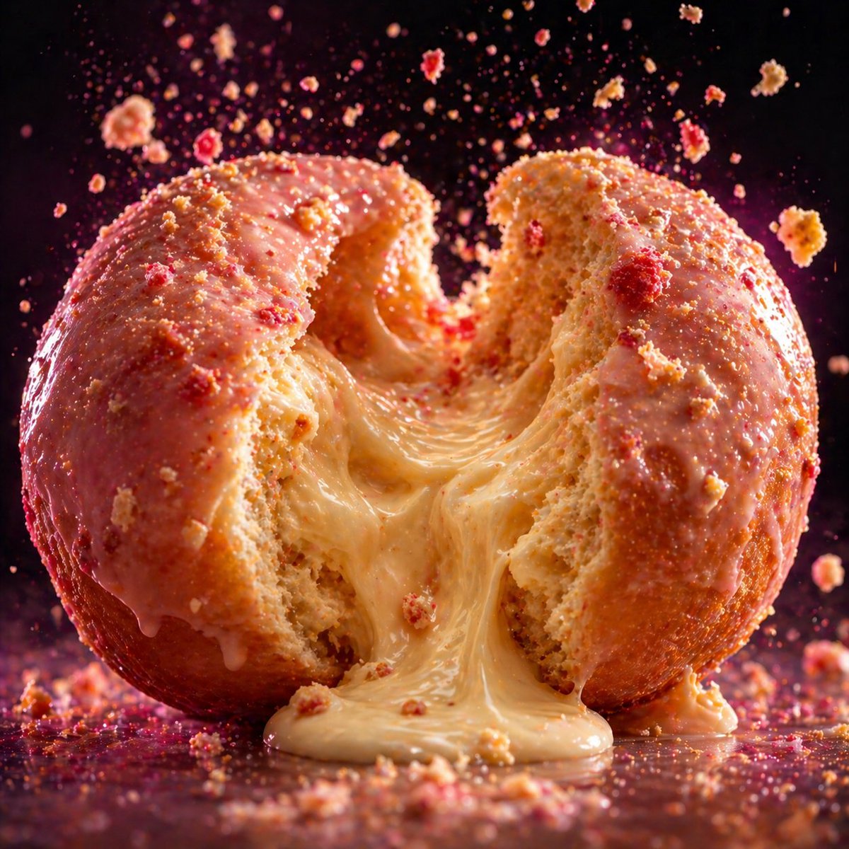 ZephyraLeigh's tweet photo. A luxurious explosion of warmth and flavor.

Prompt 👇🏻 

Ultra-detailed close-up of a glazed donut splitting open mid-explosion, creamy filling bursting out, intense rich texture, dramatic shadows across the surface, illuminated by soft pink rim light and warm golden fill light, glossy icing texture hyper-realistic, shallow depth of field, cinematic grading, shot on 85mm lens, dark moody background, emotional storytelling 1.1