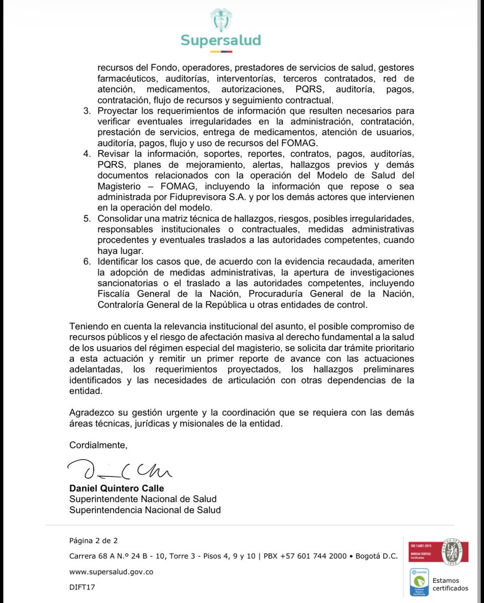 Hoy mismo, no mañana. Cumpliendo la orden del Presidente, abrimos investigación en el FOMAG. Vamos a revelar las irregularidades y a los responsables del manejo de los recursos de salud de nuestras maestras y maestros