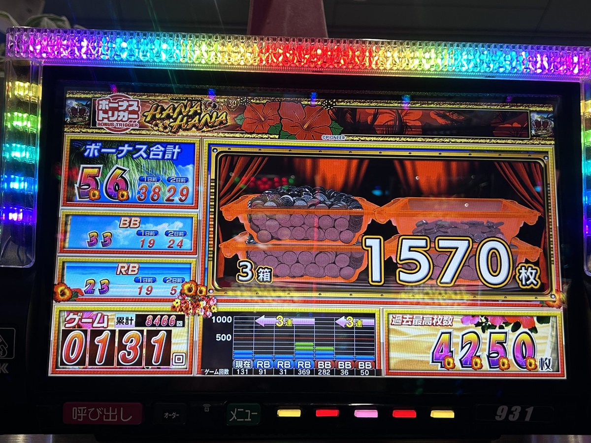 KeithT633's tweet photo. 通りすがりの皆さんに
この台の設定が3なのかVなのか質問です。
有識者のみなさん、よろしく

ポイント
①ボーナスはBIG、レギュラーともに設定Vの近似値
②ボーナススイカ🍉が弱い（レギュラー０）
③最大ハマりが380G
④BIG後ハイビスカスランプ紫が3回

#スロット #ハナハナ #ニューキングハナハナ https://t.co/ILjJcE3VV7