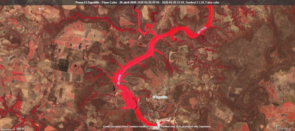 Presa El Zapotillo, imágenes satelitales del 26 de abril. El embalse sigue cubierto de maleza acuática, lo que evidencia que la calidad del agua se ha deteriorado.