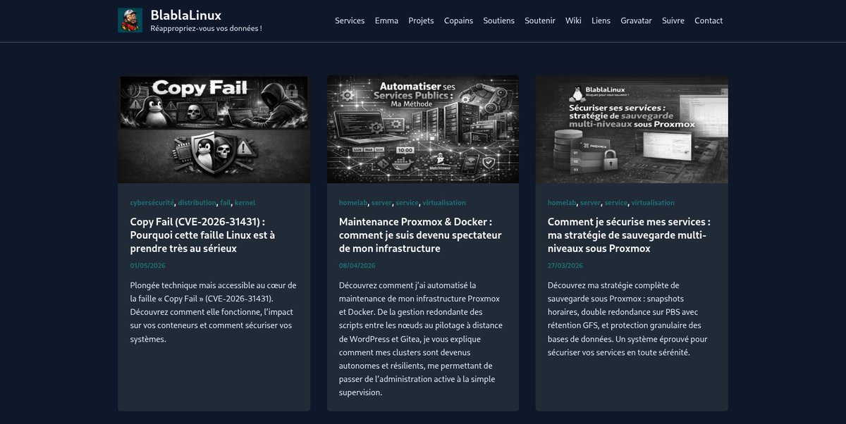 BlablaLinux's tweet photo. 1/2
Le "Dark Mode" BlablaLinux s’unifie !
Fini le carnaval de couleurs ! #WordPress, #Mastodon, #PeerTube et #Nextcloud (sauf le fond) partagent désormais la même identité visuelle.
Vert & Orange partout.
Un fond sombre harmonisé pour le confort. https://t.co/gH3yX37aL4