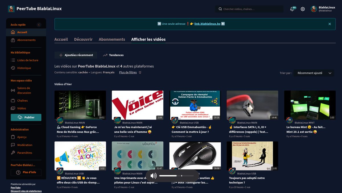 BlablaLinux's tweet photo. 1/2
Le "Dark Mode" BlablaLinux s’unifie !
Fini le carnaval de couleurs ! #WordPress, #Mastodon, #PeerTube et #Nextcloud (sauf le fond) partagent désormais la même identité visuelle.
Vert & Orange partout.
Un fond sombre harmonisé pour le confort. https://t.co/gH3yX37aL4