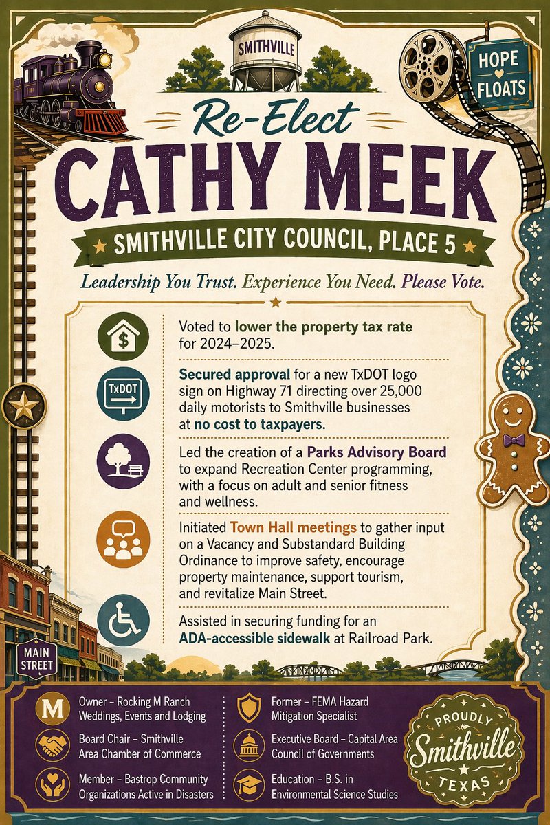 GLOWCITYDON's tweet photo. Smithville’s local Election Day is tomorrow, Saturday, May 2. Make sure to re-elect Cathy Meek for City Council Place 5!!

Voting is open from 7am - 7pm! https://t.co/1Gx6dOMTTO
