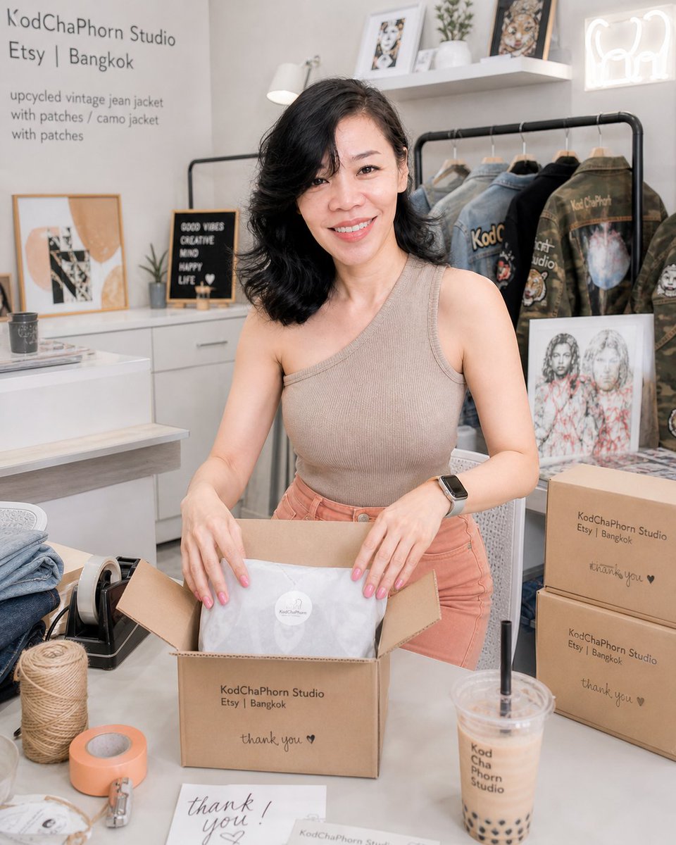 JoylyAI's tweet image. “Packing your order with love 🤎”

Shop here: kodchaphornstudio.etsy.com

#etsyfinds #etsyshop #upcycledclothing
