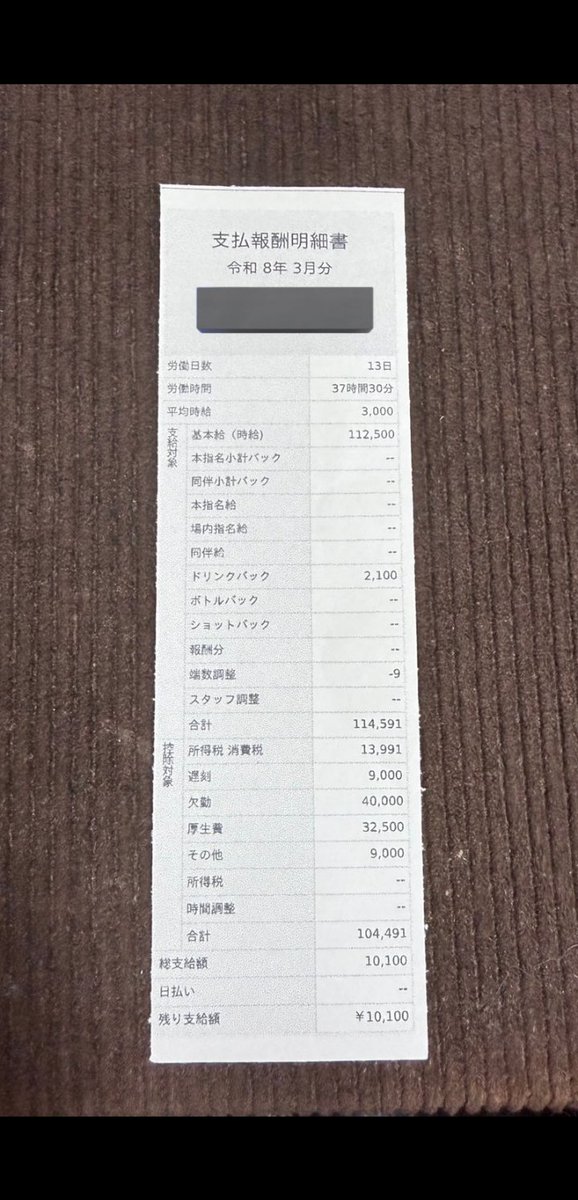 tokiha_drv's tweet photo. 労働法さえ通じない夜の店のリアル

契約更新の時、オーナーママに言われた一言

「労働法？」「夜の店がそんなもの守るわけないじゃない」「そんなおかしな事を言う人がいるの？って錦のママ達の集まりでも話題になってるわよ」

錦のママ達って...

※欠勤は体調不良で休んだ罰金
#給料明細 #錦3丁目 https://t.co/VxqRKBtmUb