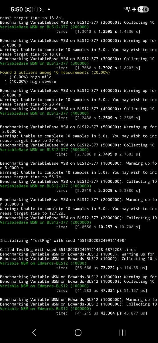 RomanAILabs's tweet photo. I created a custom Neural Engine (NRL) and installed it on a Samsung A16. Then installed SnarkOS on it and hijacked the engine with NRL. Here's the benchmark, let me know what you think.
#VariableBaseMSM #BLS12377 #ZKPerformance #CryptoBenchmark #RustCrypto https://t.co/OtCxcREsYX