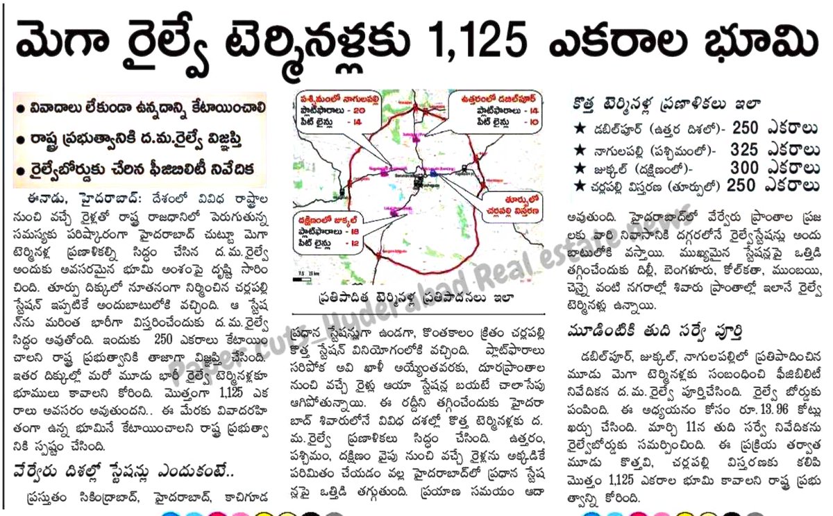abhinavaduri9's tweet image. #SCR proposes 4 mega terminals, seeking 1,125 acres to ease congestion at Sec'bad, #Hyderabad &amp;amp; #Kacheguda stations

📍Locations &amp;amp; land needed:

#Charlapalli (East) – 250 acres (expansion)
#Nagulapalli (West) – 325 acres
#Dabilpur (North) – 250 acres
#Jukal (South) – 300 acres