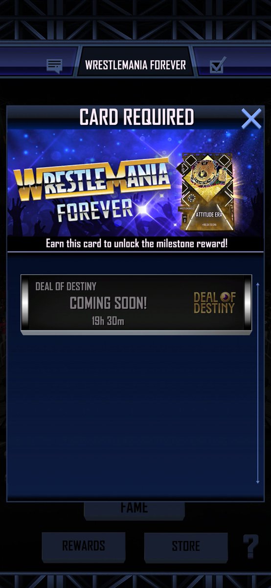 Dans5726's tweet photo. Deal of Destiny has been up for a week now and it still says 19 Hrs. I have played it ever since it came up and made it to the end each time and have not gotten a title. Is this why? Is this an error? @wwesupercard #wwesupercard https://t.co/AskLK0BAb2