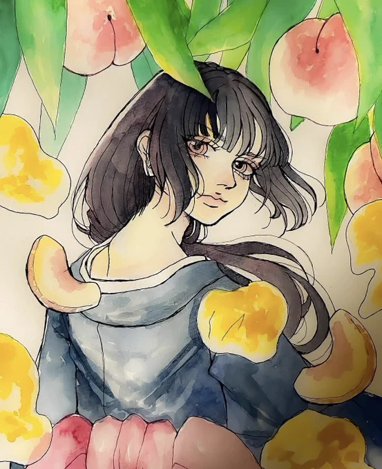 ジューシー桃。 #和風絵 #イラスト #透明水彩