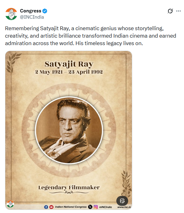 univartaindia1's tweet image. कांग्रेस ने सत्यजीत रे को याद करते हुए लिखा , "  वे एक सिनेमाई प्रतिभा थे, जिनकी कहानी कहने की कला, सृजनात्मकता और कलात्मक उत्कृष्टता ने भारतीय सिनेमा को नई पहचान दी और उन्हें विश्वभर में प्रशंसा दिलाई।..."

@INCIndia | #SatyajitRay | #Congress | #IndianCinema | #FilmLegend |