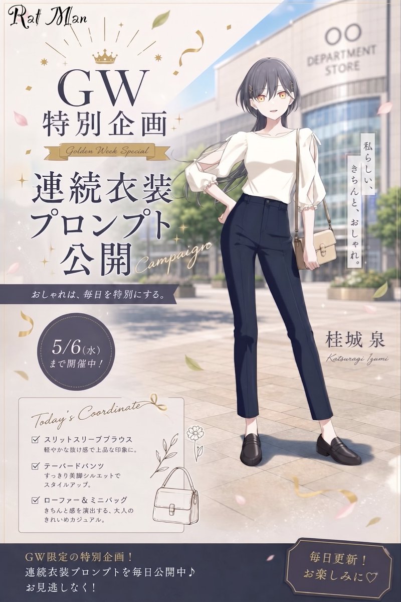 【新規衣装】　GW特別企画

２日に１回、２種類ずつ公開！

モデル：
⬅️藤島慈
➡️桂城泉

(プロンプトは各ALT内・ハイライトに保存)

カラーや小物等は、各自で好みに変更してお楽しみください✨

【PixAI】【Tsubaki.2】