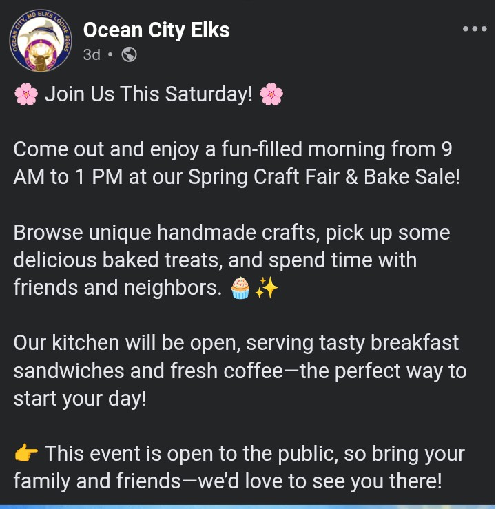AllThingsOC's tweet photo. If you are looking for something to do Saturday morning, the OC Elks Lodge is having a Craft Fair and Bake sale. It's being held up on the second floor. There is an elevator. https://t.co/wfvmJYRQkk