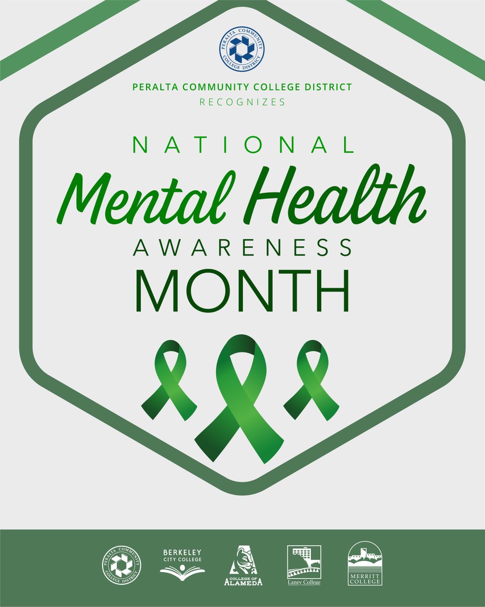 PeraltaColleges's tweet image. 💚 May is Mental Health Awareness Month! At Peralta Colleges, your wellbeing matters. Mental health services are available to ALL students across our 4 colleges. You don't have to navigate it alone. 🌿 

Find support here 👉 bit.ly/4d8ZVFU 

#MentalHealthMonth