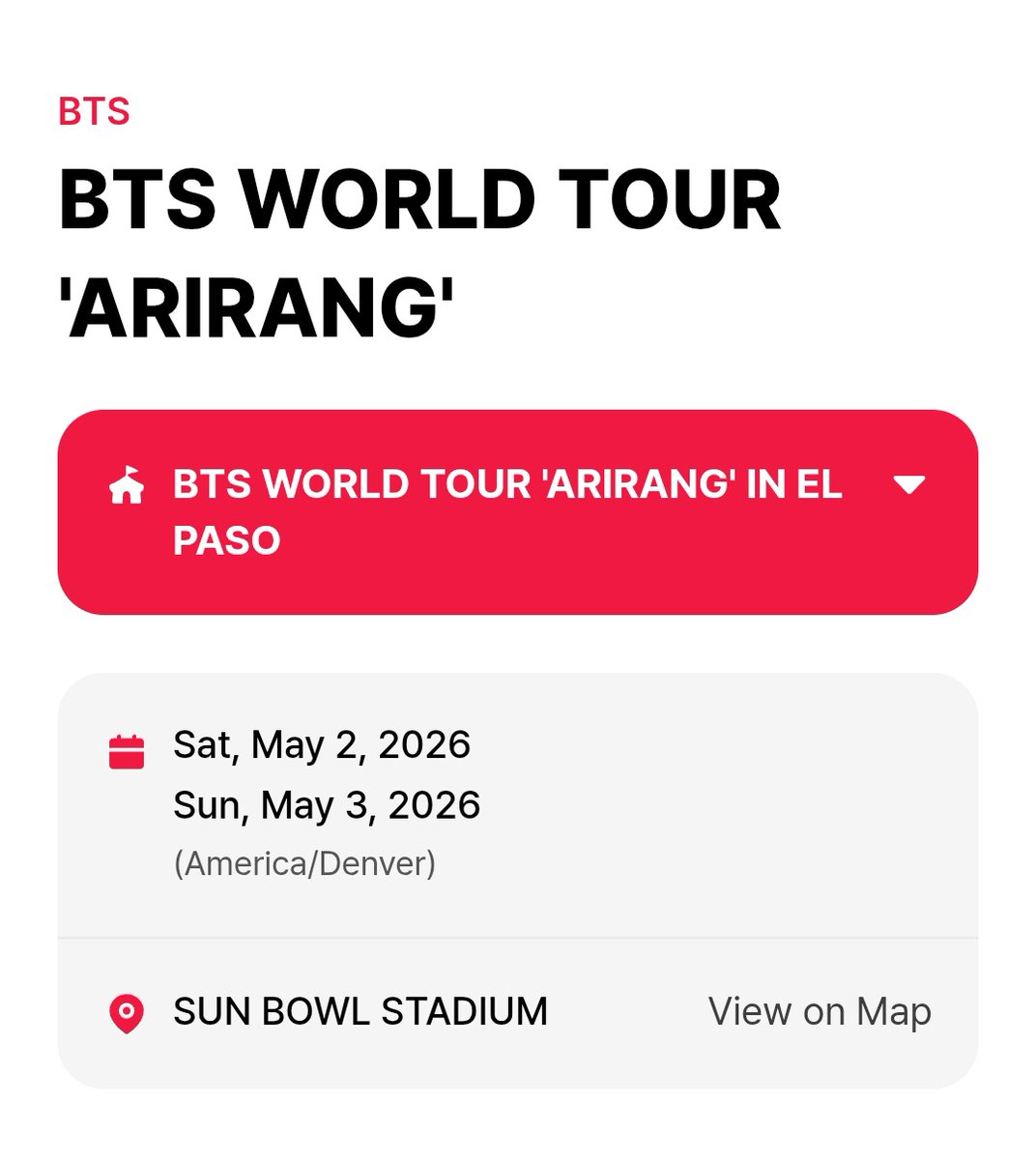 BTS WORLD TOUR ‘ARIRANG’ IN EL PASO 💜

📌 Waktu Indonesia : 
🗓️ 3, 4 Mei 2026
⏰ 
— Soundcheck : 8AM KST | 06.00 WIB
— Concert : 11AM KST | 09.00 WIB
📍Sun Bowl Stadium 

ARMY! ARE YOU READY? 🙋🏻‍♀️
Konsernya pagi let's go 😭😭😭