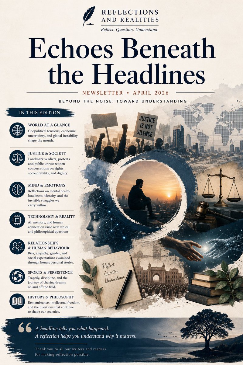 TheRealityPub's tweet photo. The April 2026 edition of #ReflectionsandRealities is now live:
Echoes Beneath the Headlines
This edition explores: 
• AI and emotional memory
• bias and self-reflection
• mental health and burnout
• gender and identity
• geopolitics and power
• social unrest and empathy https://t.co/EmcCGU8w2m