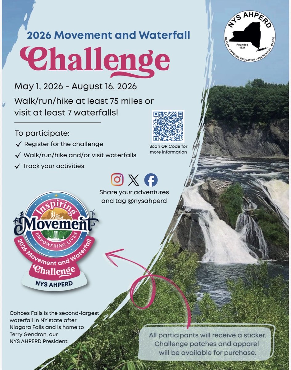 TerryGendron's tweet photo. Join me in the @NYSAHPERD 2026 Movement and Waterfall Challenge. Today I started in Niagara Falls, then onto Little Falls, and ended at the Cohoes Falls! I also moved 5.6 Miles!!! Let’s go!!! https://t.co/D0ybpu2JXb