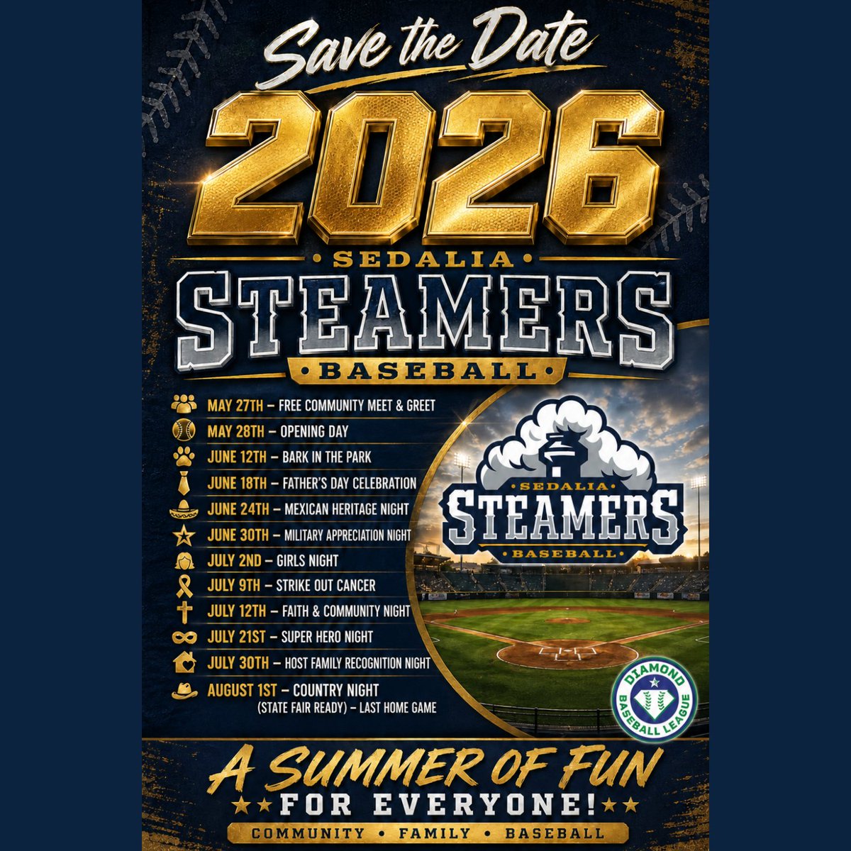 DblSteamers's tweet photo. ⚾️Come join The Steamers for a summer full of baseball and fun!

#sedaliasteamers #therealdbl https://t.co/GNJzeF9MGp
