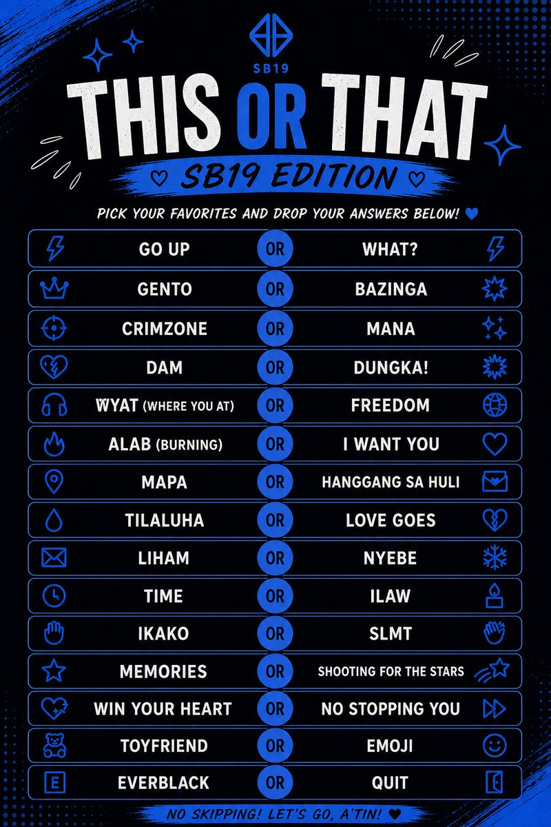 A’TIN, let’s play! 💙

This or That: SB19 Songs Edition
No skipping ha 👀🔥

Drop all your answers below ⬇️

Use our hashtag when you reply:

SB19 IS FESTIVAL READY
Aurora Music Festival Day1
<a href="/SB19Official/">SB19 Official</a> #SB19