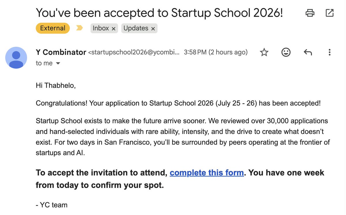 thabhelo_tabs's tweet photo. I will be attending YC Startup School 2026 in sf (July 25-26). if you 1) want to pitch your startup or 2) you are building autonomous vehicles-adjacent, or 3) you are building monitoring layers for AI agents, dm, let's have a coffee on me. 

Also, If you are cracked, pitch your startup in the comments, might refer you.