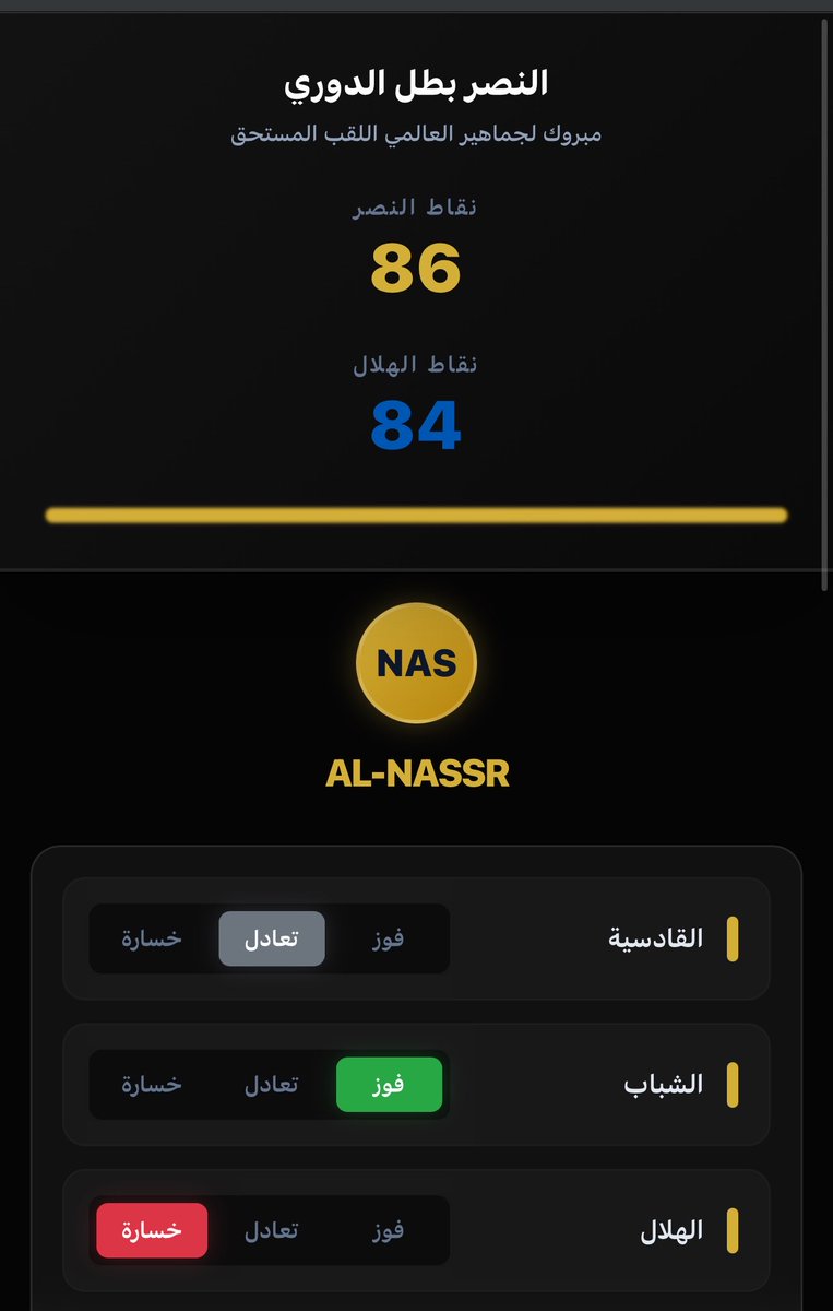 BrianGriffin86's tweet photo. سويت موقع بسيط يحسب لك من يحسم الدوري 🏆

اختر نتائج مباريات النصر والهلال الجاية، والموقع يحسب النقاط ويقول لك هل حُسمت أو لا.

https://t.co/wt9eO4pu8H

ويا رب الدوري للعالمي 💛💙 https://t.co/2DzTxAJaD5