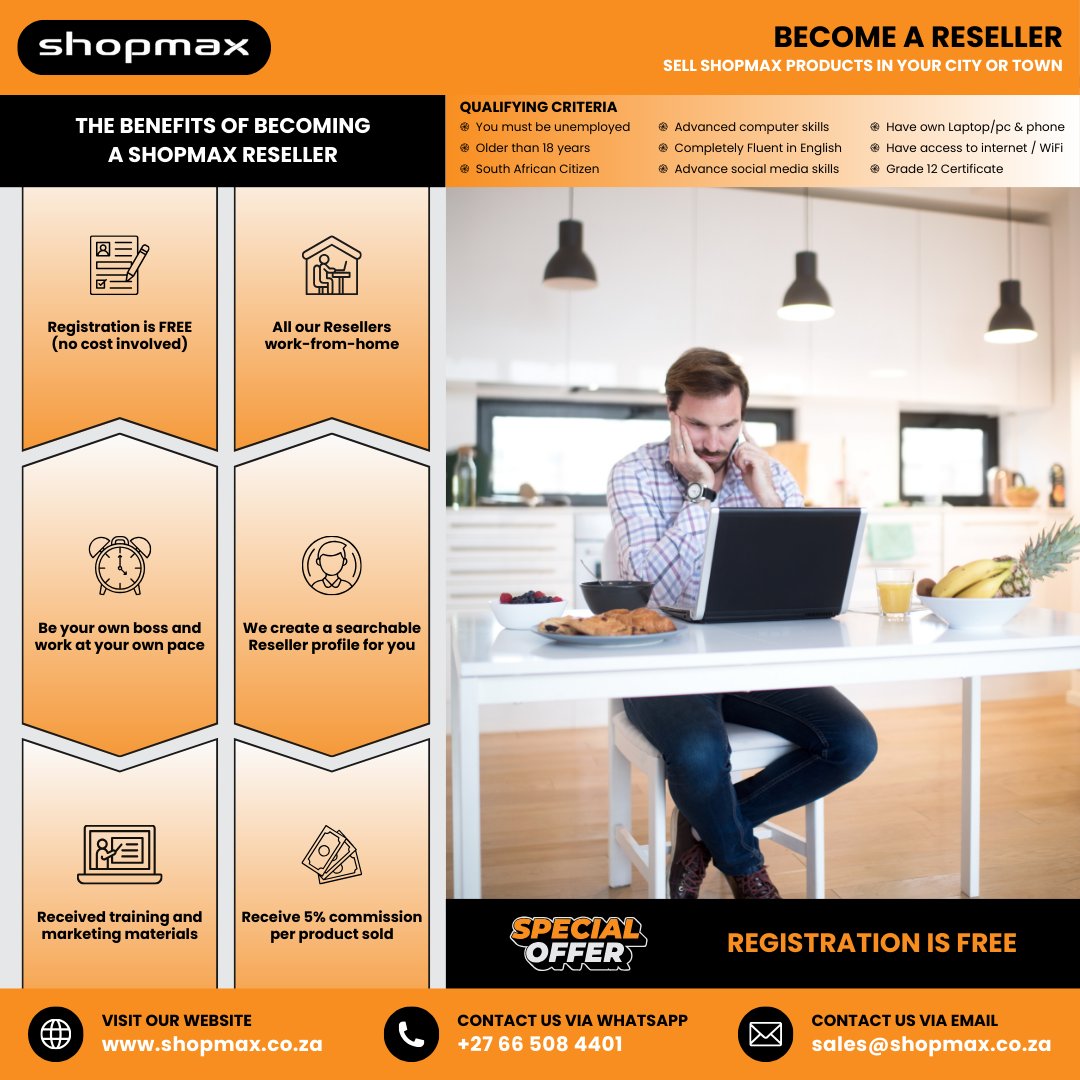 SHOPMAX6's tweet image. 💸 Want to earn from home with ZERO startup cost?
Become a Shopmax Reseller 🇿🇦
✔️ Free to join
✔️ Commission per sale
✔️ Work on your own terms
All you need: phone + internet + drive.
🚀 Start today:
shopmax.co.za/become_a_resel…
#SideHustleSA #MakeMoneyOnline #Shopmax #EntrepreneurSA