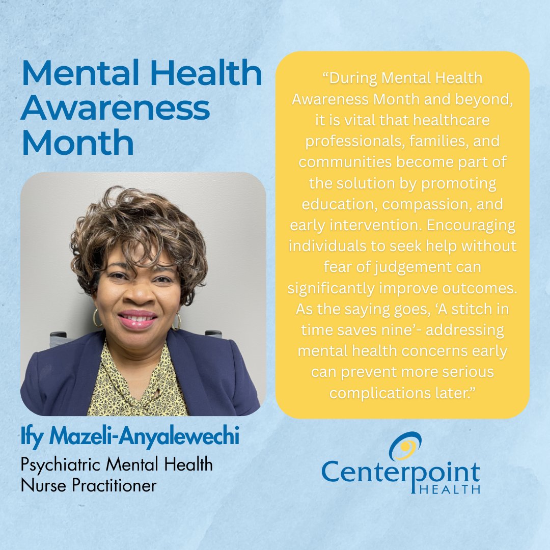 CenterpointH's tweet photo. During Mental Health Awareness Month, we’re reminded that early support, compassion, and understanding can make all the difference. Ify Mazeli-Anyalewchi, PMHNP, shares why speaking up and seeking help is so important for healthier communities. 

#MentalHealthMatters https://t.co/pk07smdUfF