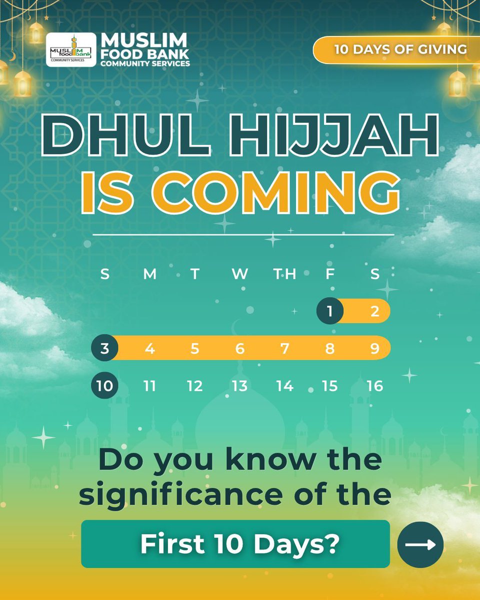 muslimfoodbank's tweet image. The first 10 days of Dhul Hijjah are not ordinary days. Swipe to learn why these blessed days are the perfect time to give. 

#DhulHijjah #communityservice #foodbank #donate #nonprofit #selfreliance #muslimfoodbank