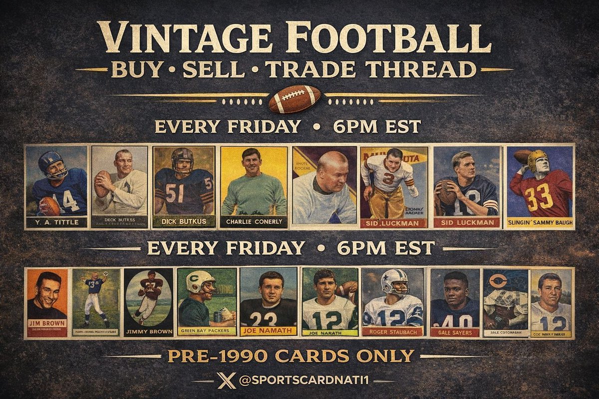 Sportscardnati1's tweet image. #FridayVintageFootball TIME!!  🏈

***PLEASE Retweet and/or tag someone****🏟️

🏉Cards MUST be pre-1990🏉

🏈ALSO - autos &amp;amp; relics of pre-1990 players; pre '90 matchbooks, post cards, etc🏈

🏉ALL welcome to sell, buy or post wantlists🏉

HAVE FUN🏈

#vintage #football