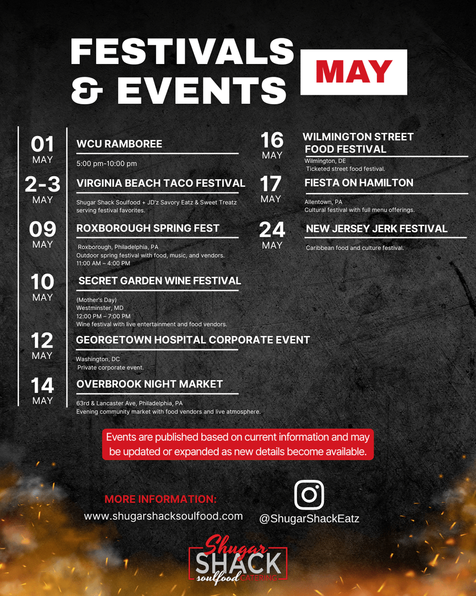 Shugarshacksoul's tweet photo. May is packed and we're bringing the flavor to every stop 🔥

Catch us at festivals, markets, and special events all month long.

#ShugarShack #SoulFood #FoodFestival https://t.co/8MRS3M1wa3 https://t.co/ryAJAJNfoP