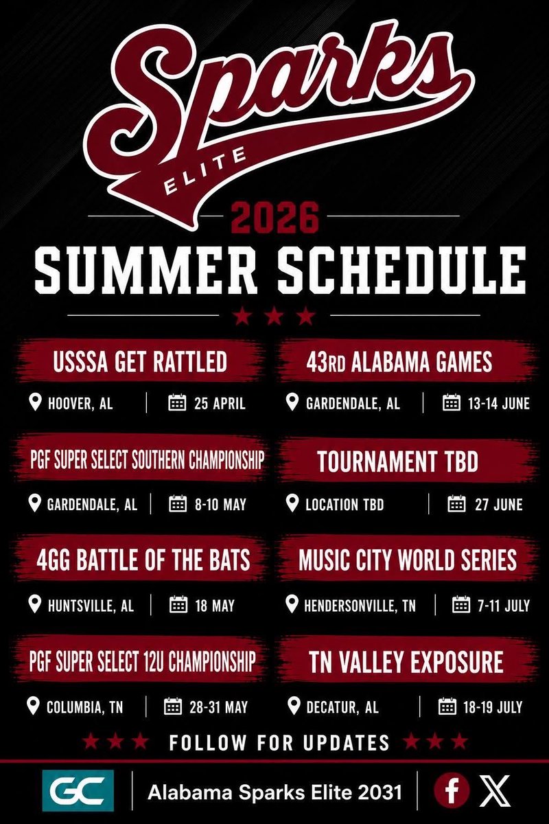 ALsparkselite13's tweet image. Summer schedule is locked in. 🔥
Time to get after it.

We’re ready to hit the field and compete. 💪🥎
#BeTheSpark #NoDaysOff #BuiltDifferent #123sparkselite