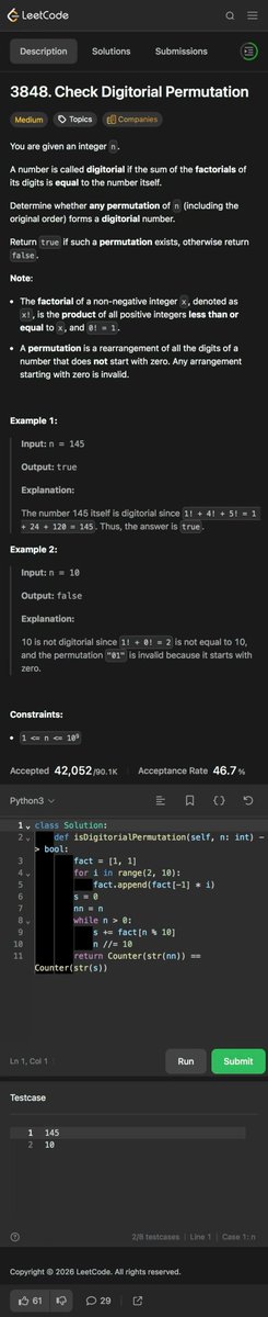 doctorzlai's tweet image. Day 446 - Leetcoding with Kids - 3848. Check Digitorial Permutation
带娃刷题第446天 数字阶乘排列

#leetcode #tutorial #daily #learning #python #programming #力扣 #编程 #计算机 #学习 #factorial #阶乘 #数学 #math