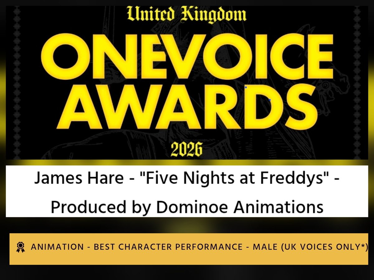 JamesHareVoices's tweet image. Two more weeks until the UK One Voice Awards! Can't make it to the ceremony this year but looking forward to hearing the results! 

Good luck to all my fellow nominees! 

Thank you @GravyForBrain for this amazing honour 👏 ❤️ 

 #onevoiceawards2026 #nominee