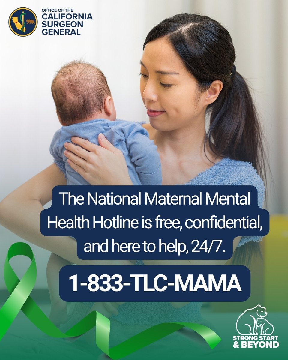 CA_OSG's tweet image. Help is available for pregnant people, moms &amp;amp; new parents experiencing mental health challenges.

Call or text the National Maternal Mental Health Hotline for support at 1-833-TLC-MAMA (1-833-852-6262). 

Remember, you are not alone. 📞💚 #MentalHealthMonth #MaternalMentalHealth