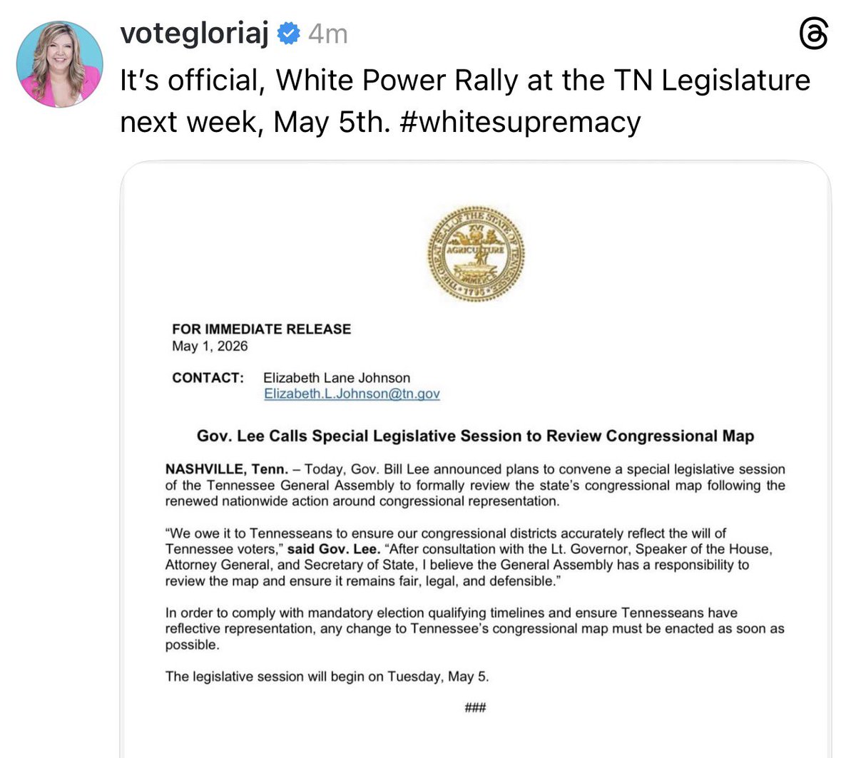 TheTNHoller's tweet image. Rep. @VoteGloriaJ calls the @GovBillLee-called special session to strip representation from majority Black MEMPHIS and make Tennessee 9-0 for Republicans a “White Power Rally”