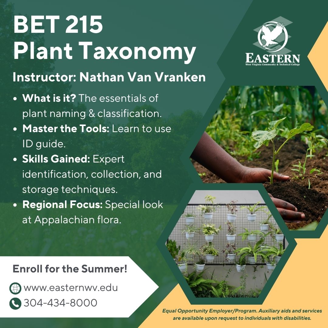 In BET 215 Plant Taxonomy, learn the essentials of plant naming and classification with identification skills, and how to use ID guides.

Email askeastern@easternwv.edu to enroll for Summer 2026.
easternwv.edu

#planttaxonomy #Appalachianflora