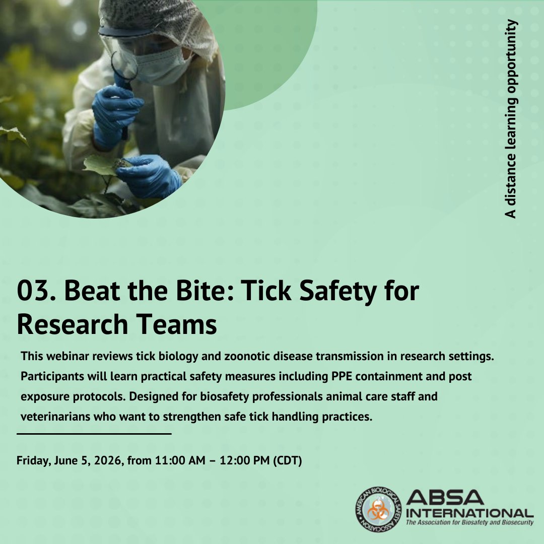 ABSAOffice's tweet photo. This webinar will review tick biology and zoonotic pathogen transmission and examine safety practices. The webinar is targeted to biosafety professionals and veterinarians who want to strengthen safe tick handling and exposure prevention.

Register: https://t.co/u5bvn6GrCd https://t.co/iLnpPgwvrQ