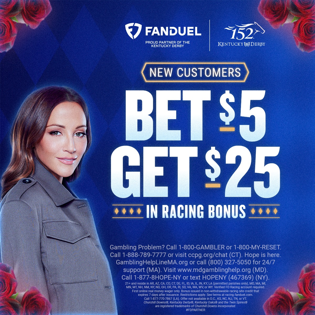 FanDuelSports's tweet photo. The most exciting two minutes in sports is here. New customers can bet $5 and get $25 in Racing Bonus for the Kentucky Derby®. 🏇