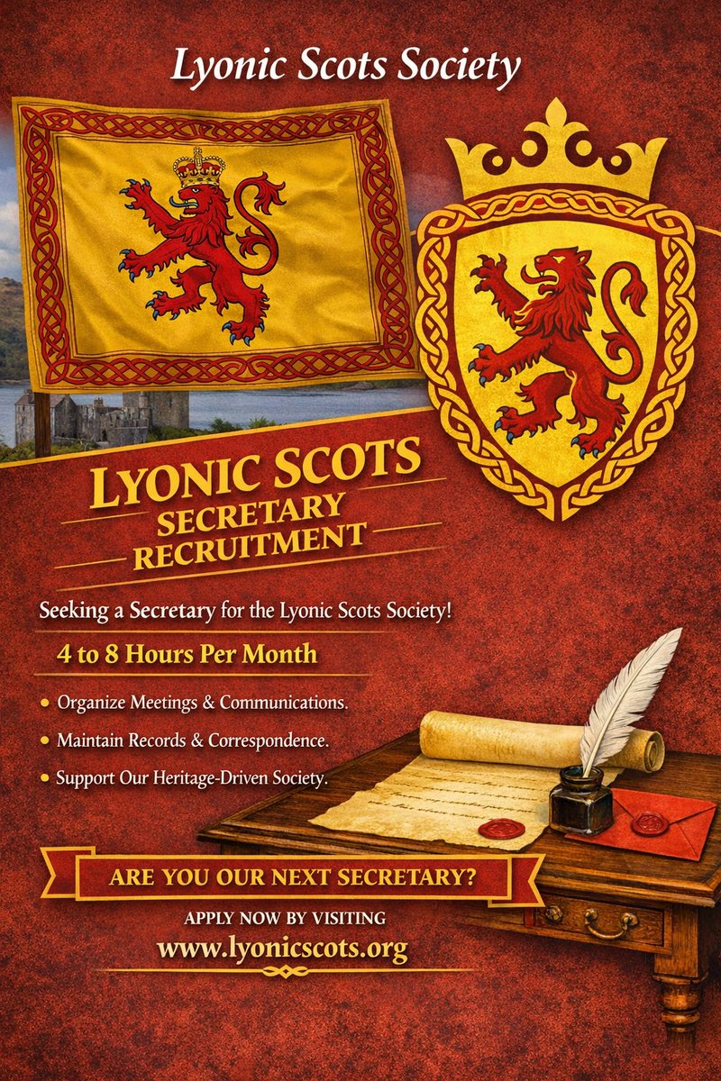 LyonicScots's tweet image. We are looking for a #volunteer #Secretary to support the #LyonicScots Society through record‑keeping, meeting notes, and communication.
This role is ideal for someone organised, reliable, and passionate about helping a #Scottish #ClanSociety run smoothly.
#LyonicScotsSociety