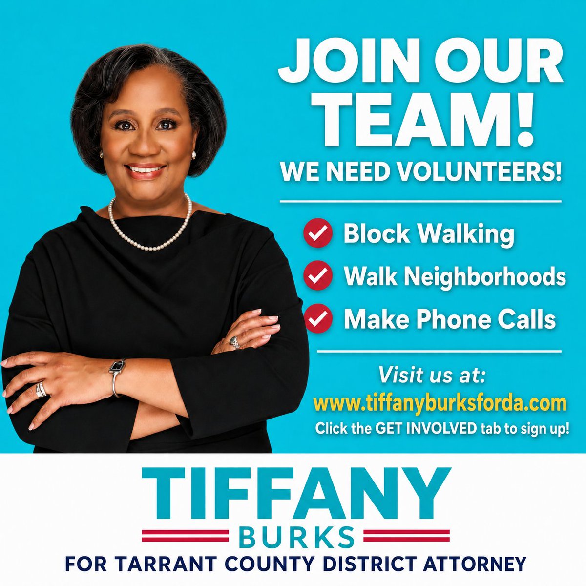 TiffanyForDA's tweet photo. Join us as we walk and phone bank to bring changed to Tarrant County. Go to https://t.co/niPNMhOy8J, click on the get involved tab and sign up to volunteer today. https://t.co/W8Icg4AR1X