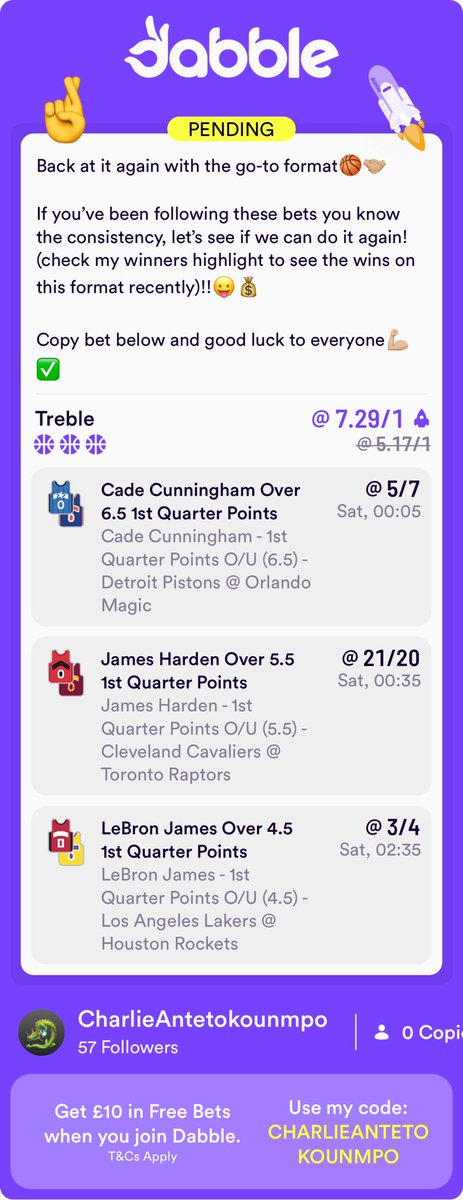 MikeysTipss's tweet photo. Tonight’s First Quarter Points Treble🏀👀

Been really consistent with these so let’s try to keep it going, i’ll be sharing 3 bets again tonight after we went 1 for 3 last night let’s see if we can improve on that.🤞🏼💰

https://t.co/bfWvxt577o https://t.co/sD6nuwICAZ