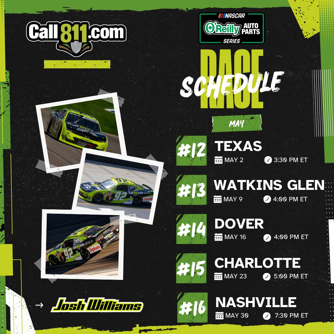 Arizona811's tweet photo. 📆 It’s a busy May for @Josh6williams, @DGMRacingFL and the @NASCAROReillyAP Series.

Stops include the road course of Watkins Glen and Memorial Day Weekend in Charlotte. https://t.co/tMqv86Yio6