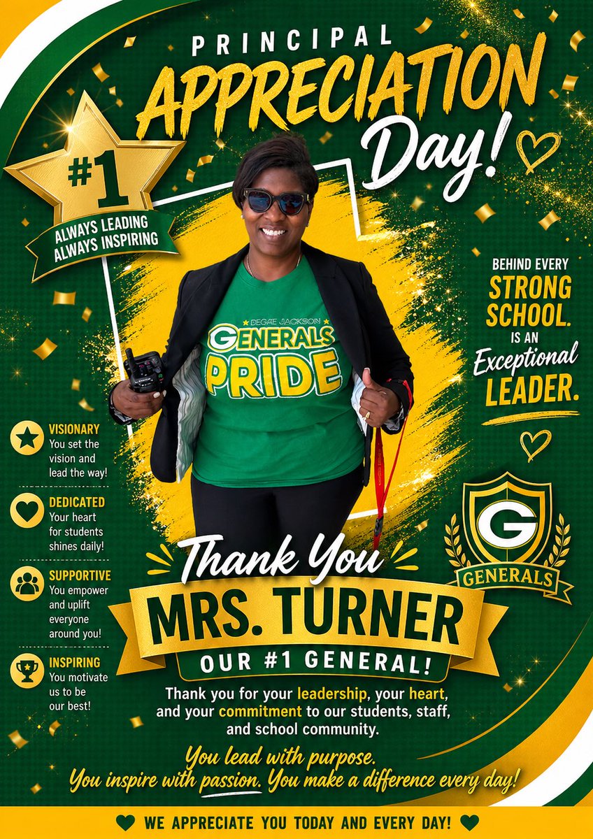 MJSeniorHigh's tweet photo. Happy Principal Appreciation Day to our fearless leader &amp; #1 General — Mrs. Turner! @MDCPS @MDCPSCentral @RenninaT 💚💛 https://t.co/b3Pwf9exWV