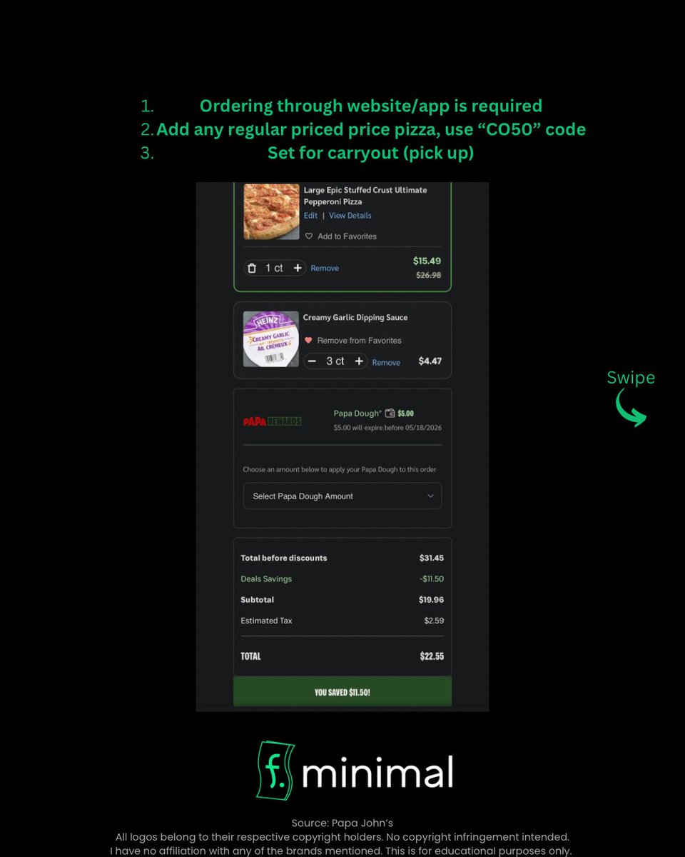 fdotminimal's tweet image. Here’s how to get 50% pizzas 🍕 at Papa John’s 🇨🇦 works until May 3 2026

Disclaimer: I have no affiliation with any of the brands, companies, or products mentioned. This is for educational purposes only. #couponing #deals #discount #offer #fyp #canada