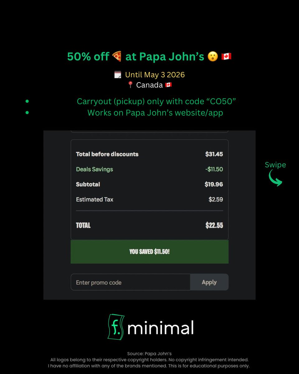 fdotminimal's tweet image. Here’s how to get 50% pizzas 🍕 at Papa John’s 🇨🇦 works until May 3 2026

Disclaimer: I have no affiliation with any of the brands, companies, or products mentioned. This is for educational purposes only. #couponing #deals #discount #offer #fyp #canada