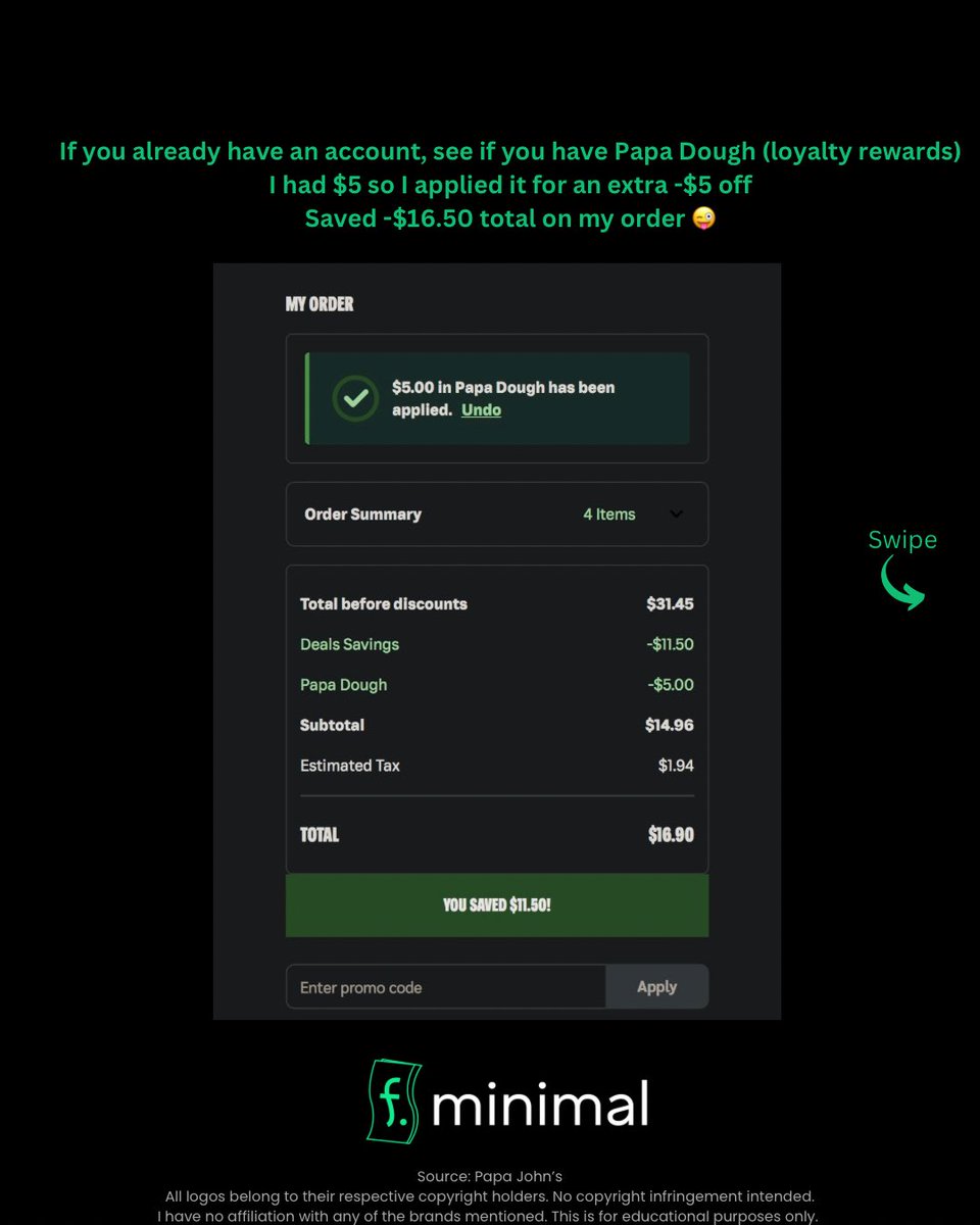 fdotminimal's tweet image. Here’s how to get 50% pizzas 🍕 at Papa John’s 🇨🇦 works until May 3 2026

Disclaimer: I have no affiliation with any of the brands, companies, or products mentioned. This is for educational purposes only. #couponing #deals #discount #offer #fyp #canada