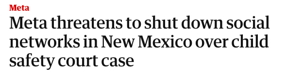 BaltimoreWisdom's tweet image. Meta threatens to shut down Facebook, Instagram and WhatsApp in #NewMexico rather being #safe for #children. New Mexico sued Meta for child safety failures. A jury found them liable for $375 million. The state wants actual reforms like age verification and separate teen accounts